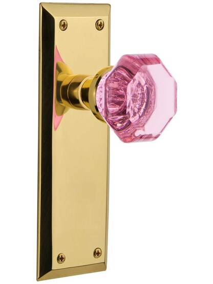 New York Door Set with Colored Waldorf Crystal Glass Knobs Pink in Polished Brass.